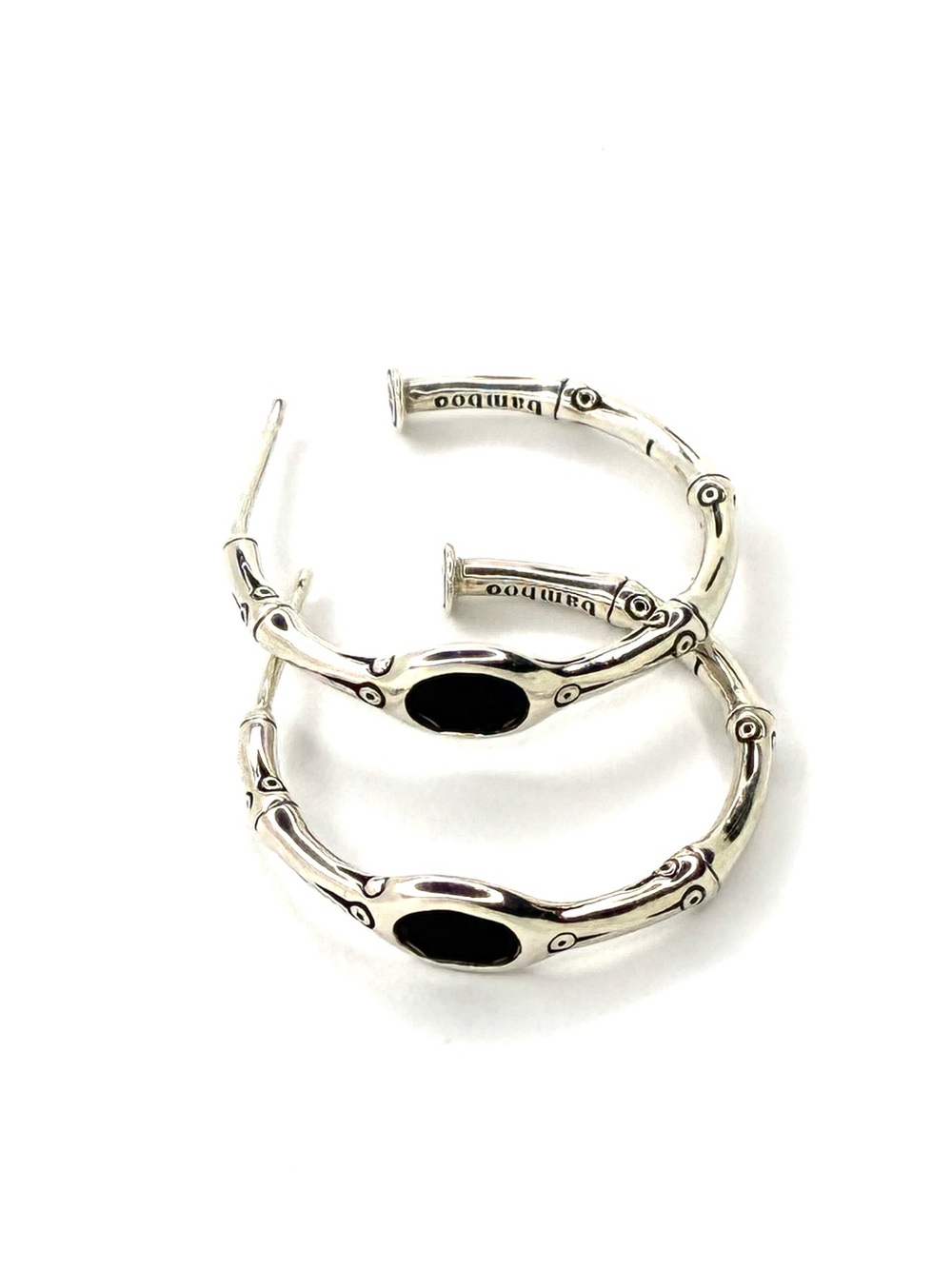 John Hardy BAMBOO BLACK CHALCEDONY & STERLING SILVER HOOP EARRING